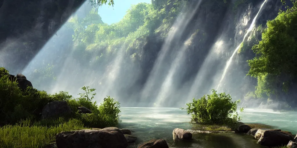 Prompt: stunning landscape, waterfall, god rays, 8 k uhd, unreal engine, octane render in the artstyle of kuindzhi