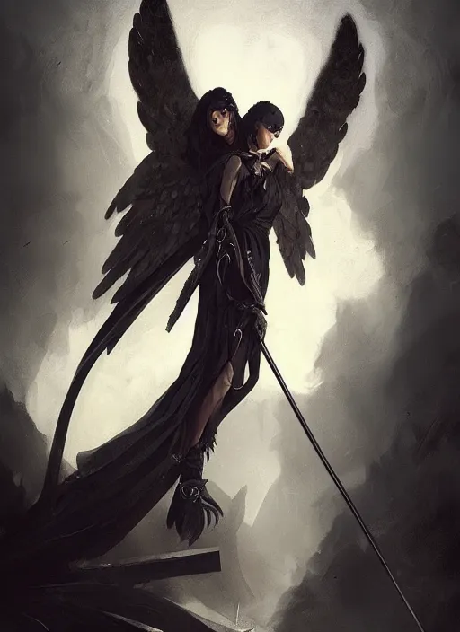 Image similar to a portrait of a beautiful angel of death with black wings holding a large scythe by marco bucci and greg rutkowski, sharp focus, detailed, cinematic, closeup