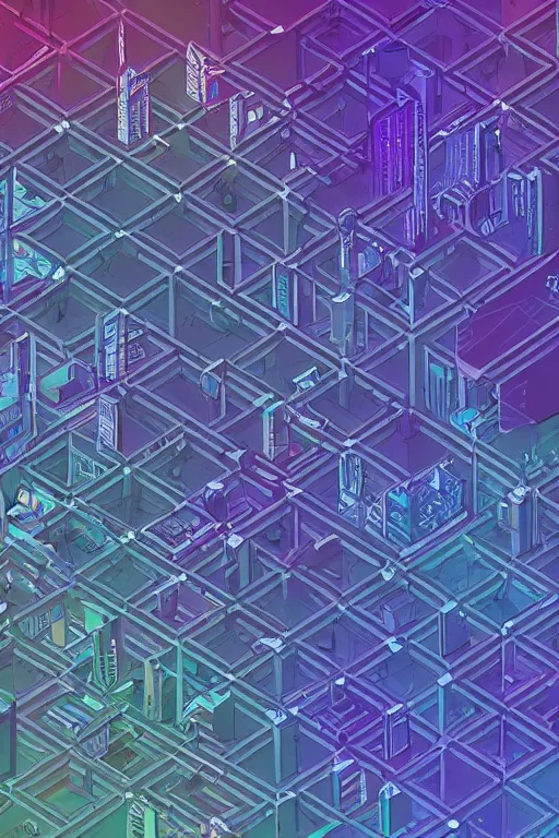 Prompt: intricate isometric axonometric synthwave illustration, geographic synthwave wireframe ground plane grid pattern, brutalist urban city cyberpunk downtown, tiling, synthwave moon high at top, luminous lines, large synthwave moon, intricate synthwave wireframe grid pattern
