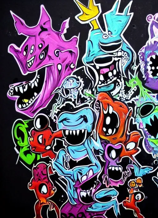 Image similar to beautiful graffiti monsters on black background paper