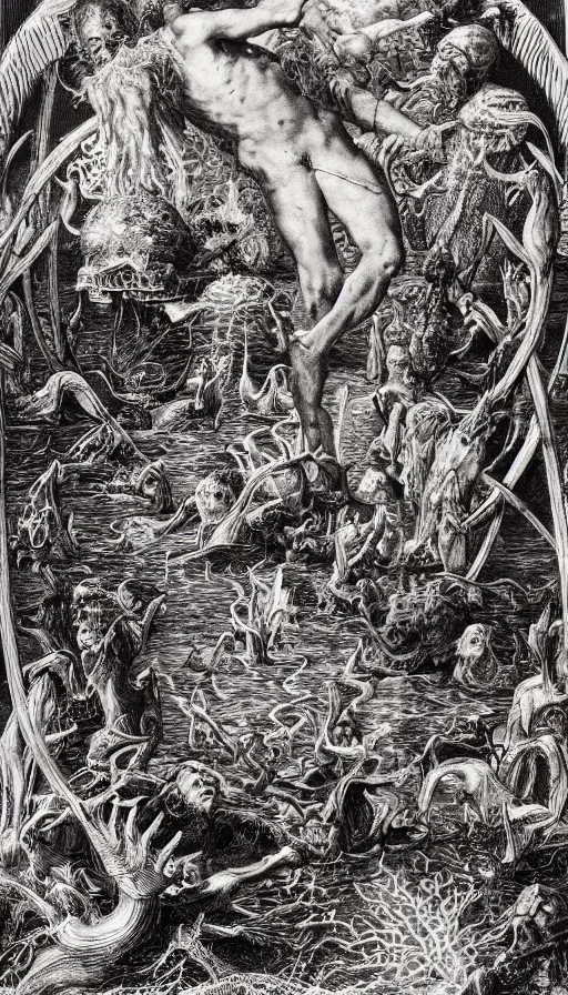 Image similar to man on boat crossing a body of water in hell with creatures in the water, sea of souls, by ernst haeckel