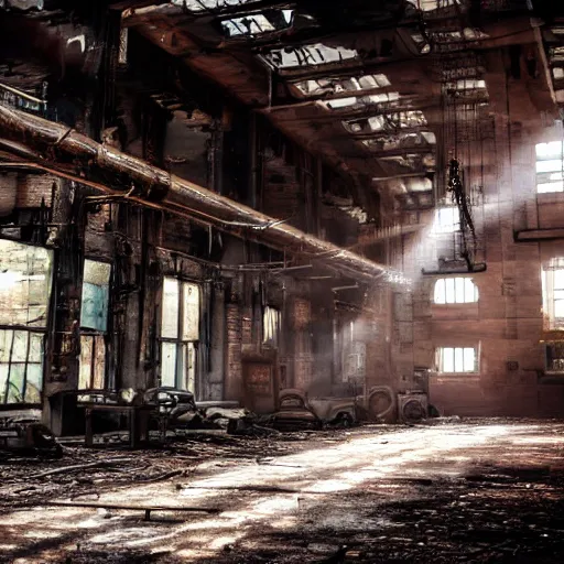 Image similar to abandoned steampunk factory with a synthesizer , cinematic light,