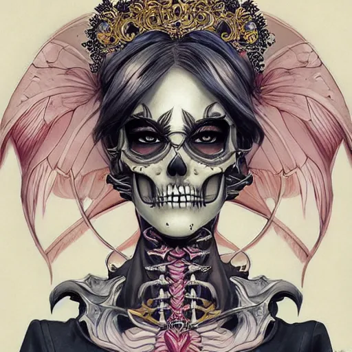 Prompt: anime manga skull portrait young woman clownskeleton, tiara, wings, intricate, elegant, highly detailed, digital art, ffffound, art by JC Leyendecker and sachin teng