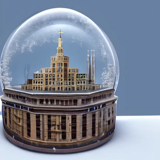 Prompt: a snow globe with a soviet building in it, a computer rendering by leandro erlich, trending on cgsociety, retrofuturism, tesseract, isometric, physically based rendering