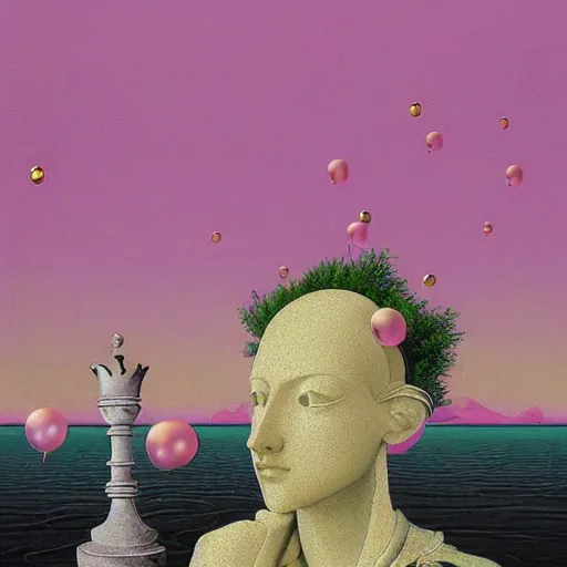 Image similar to David Friedrich, giant marble chess pieces, gold rings, liminal spaces, party balloons, checkered pattern, mirrors, David Friedrich, award winning masterpiece with incredible details, Zhang Kechun, a surreal vaporwave vaporwave vaporwave vaporwave vaporwave painting by Thomas Cole of an old pink mannequin head with flowers growing out, sinking underwater, highly detailed