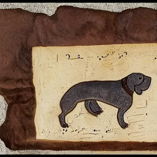 Image similar to fragment of dead sea scrolls with hebrew writing and drawing of a dachshund