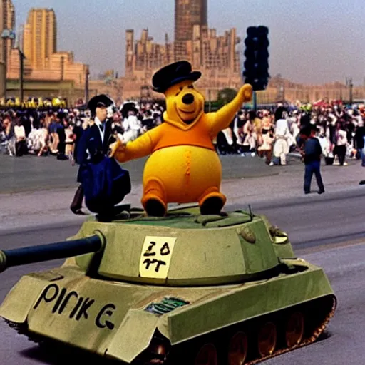 Image similar to Winnie the Pooh. Tank Man. Tiananmen Square, 1989