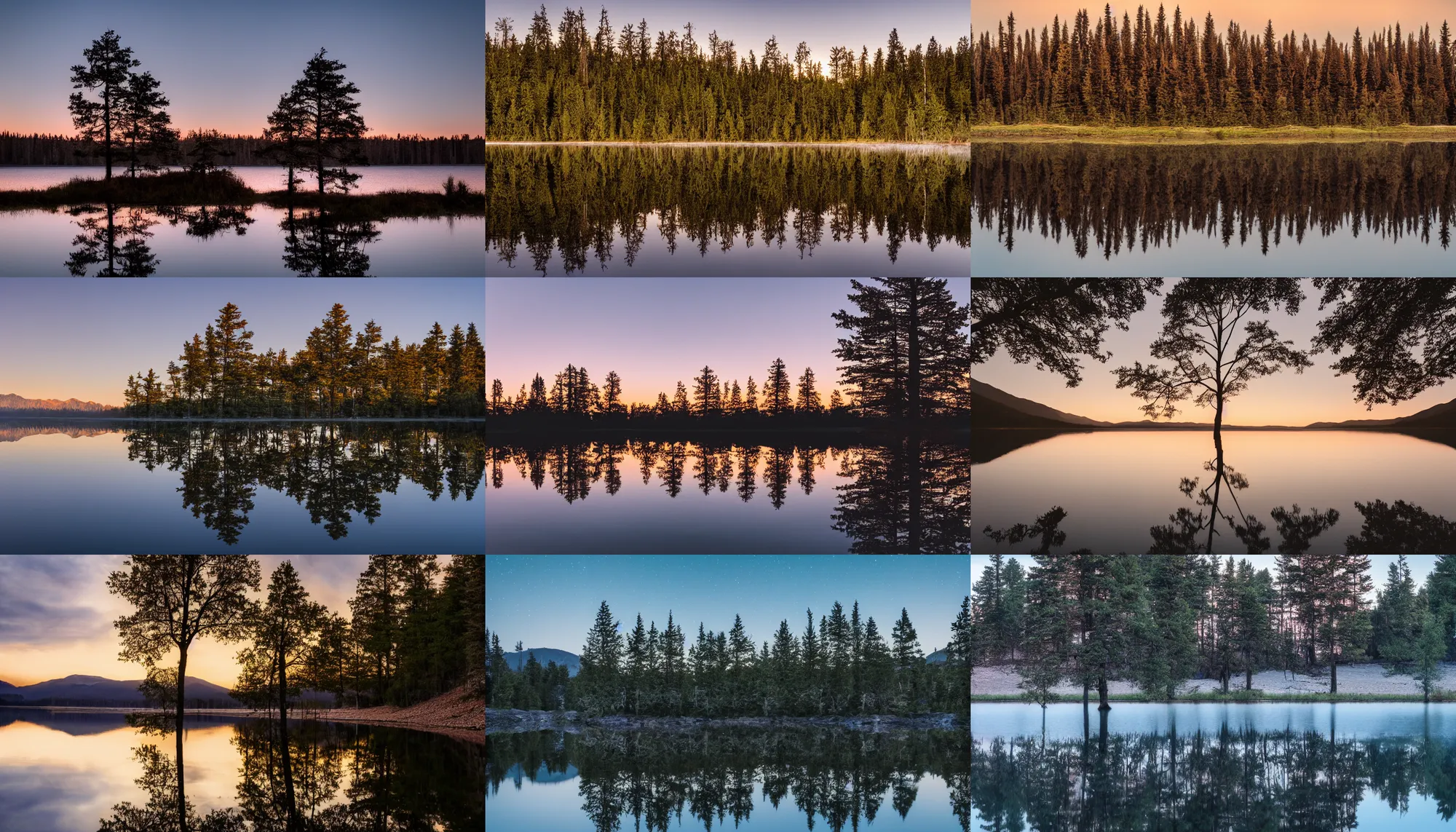 Prompt: a mountain high tree reflecting inside a lake at dusk light