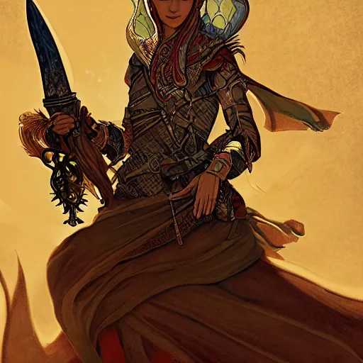 Image similar to Emeth the elven desert bandit. Arabian style. Epic portrait by james gurney and Alfonso mucha (lotr, witcher 3, dnd, dragon age, gladiator, scoia'tael).