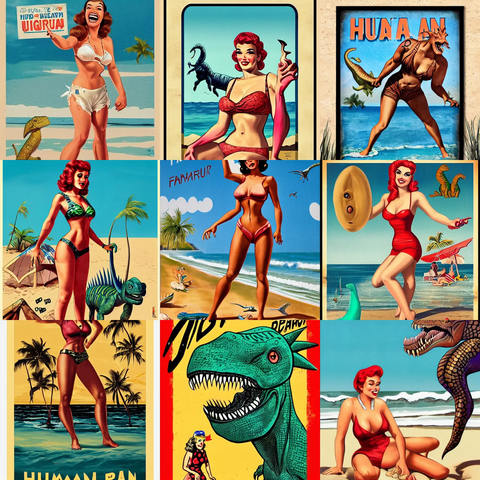 Prompt: Human-dinosaur hybrid at the beach, pin up style poster, highly detailed, reptile human