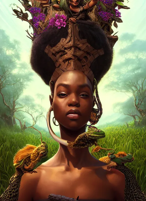 Prompt: portrait of female zulu wizard sitting on a vast throne of frogs, surrounded by flower and pears. afrogoth matte painting concept art, beautifully backlit, intricate digital painting, subtle tones, cinematic aesthetic octane render, grimdark, by rhads, james jean, ross tran and artgerm