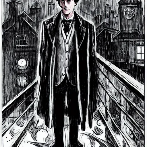 Image similar to Sherlock Holmes standing in the rain in the style of Junji Ito