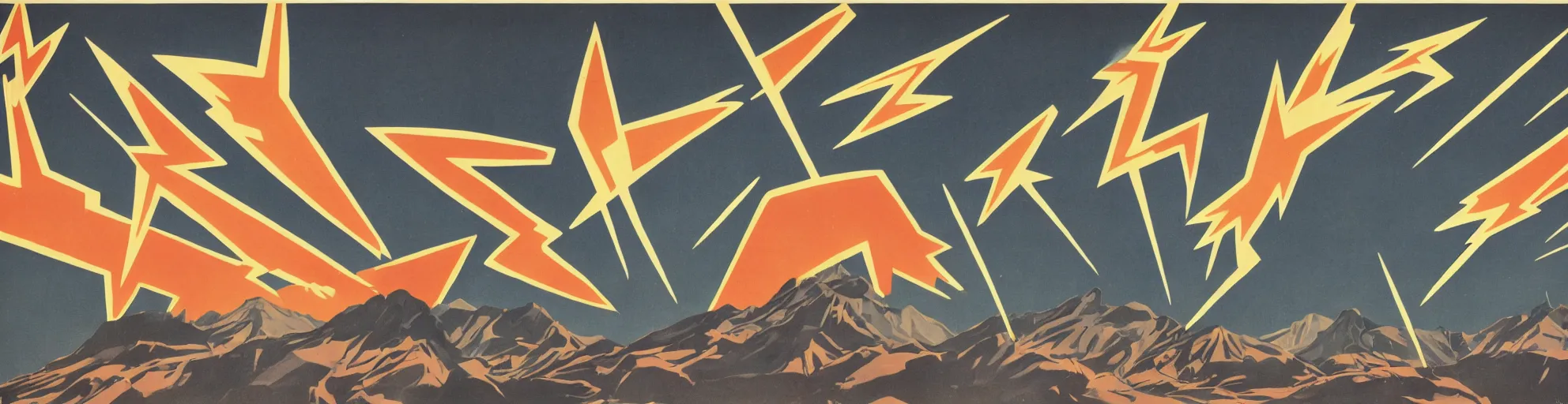 Image similar to balck montain with one lightning bolts in 1940s propaganda poster