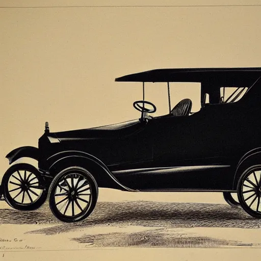 Prompt: ford model t lithograph by adolphe millot