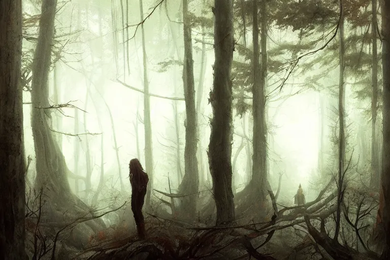 Prompt: forest, horror, illustrated by Greg Rutkowski and Caspar David Friedrich, Trending on artstation, artstationHD, artstationHQ