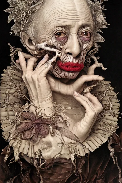 Image similar to Detailed maximalist portrait of a beautiful old woman with large lips and eyes, scared expression, botanical skeletal with extra flesh, HD mixed media, 3D collage, highly detailed and intricate, surreal illustration in the style of Caravaggio, dark art, baroque