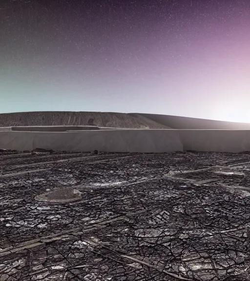 Prompt: hyperealistic render of a white bioremediation architecute in the mining tailings in chuquicamata city, atacama desert filled with stars at night, hazy and misty, uhd, high detail, corona render, unreal engine, ue 5, vray