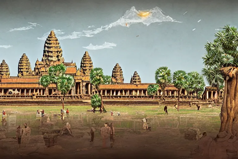 Image similar to Angkor Wat in 1253 covered in white marble and gold, surrounded by a large village, full of people, concept art, digital painting by Shaddy Safadi, highly detailed, historically accurate