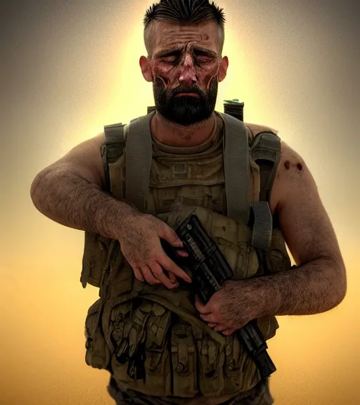 Image similar to portrait of muscular, tired and alcoholic 3 0 - year - old grieving man with short darkblonde hair, serious sad look in his eyes, looking down, dirty beard, blue eyes, crying tears, wearing dirty soldier uniform, on the desert, sad atmosphere, hyper realistic face, character art, art by mark brooks, cryengine, trending on artstation, digital art