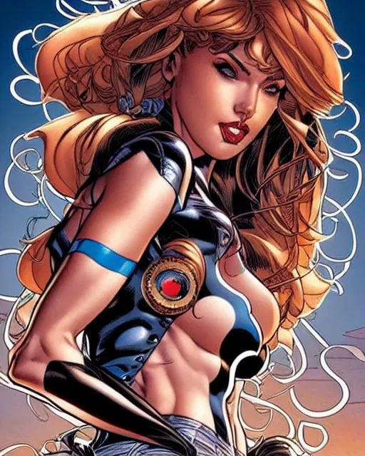 Image similar to j. scott campbell and sandra chevrier comic cover art, full body cute young lady, symmetrical eyes, bangs, rim lighting, vivid colors