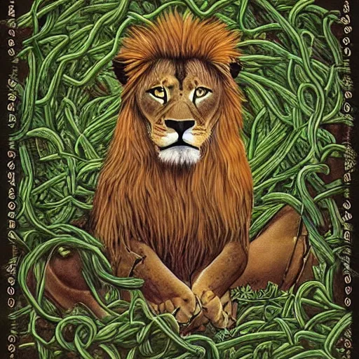 Prompt: a lion whose body is made of ( thorny vines ), fantasy art