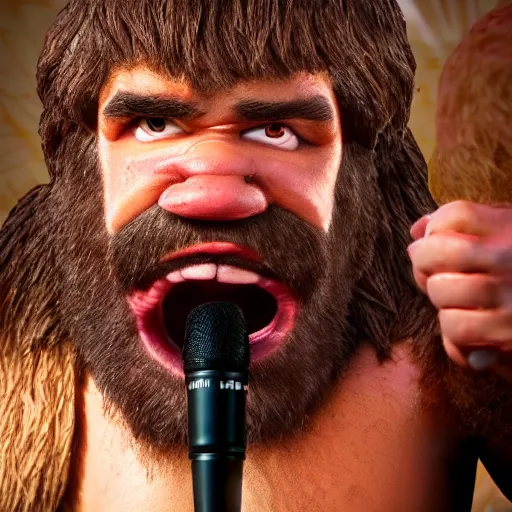 Prompt: caveman doing standup comedy in real life, intricate, highly detailed, detailed, hyper realistic, 4 k, 8 k uhd, realistic, great detail