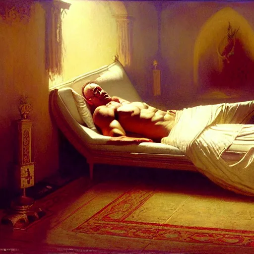 Image similar to the pope laying down in his bed, terrified, because a double horned shadow demon is in the the bedroom. highly detailed painting by gaston bussiere, greg rutkowski, craig mullins 8 k