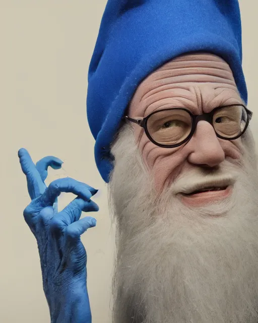 Prompt: David Letterman as Pappa Smurf in Elaborate Rick Baker Makeup Prosthetics for live action remake of The Smurfs, Studio Lighting, Highly detailed, Trending on Artstation, Studio Lighting Photographed in the Style of Annie Leibovitz