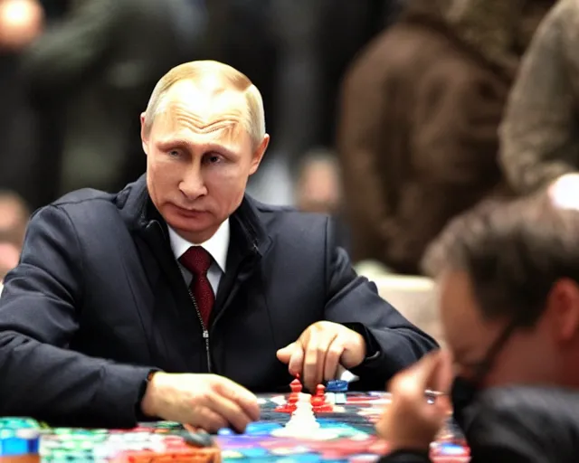 Image similar to Press release photo of Vladimir Putin playing Magic the Gathering on a large tournament, he's thinking what card he should play, high quality, 8k,
