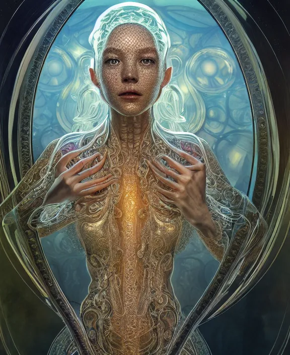 Image similar to intricate ornate opulent transparent clear see - through portrait of a terrifying beautiful alien mollusk, mottled coloring, adorable, childlike, pastoral environment, ultra realistic, concept art, art nouveau, photorealistic, octane render, 8 k, unreal engine. art by christopher marley and artgerm and greg rutkowski and alphonse mucha
