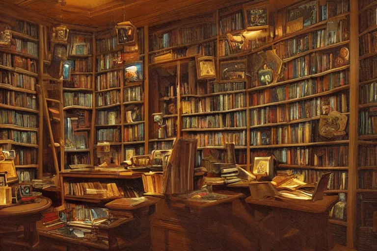 Prompt: an overstuffed fantasy library interior with small windows, display cases with strange artifacts in the late evening with dusty atmosphere, digital painting 3D by Greg Hildebrandt