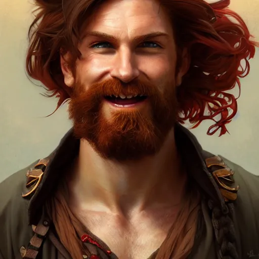 Prompt: portrait of a young ruggedly handsome but joyful pirate, male, masculine, upper body, red crimson hair, long hair, fantasy, giddy smirk, intricate, elegant, highly detailed, digital painting, artstation, concept art, matte, sharp focus, illustration, art by artgerm and greg rutkowski and alphonse mucha