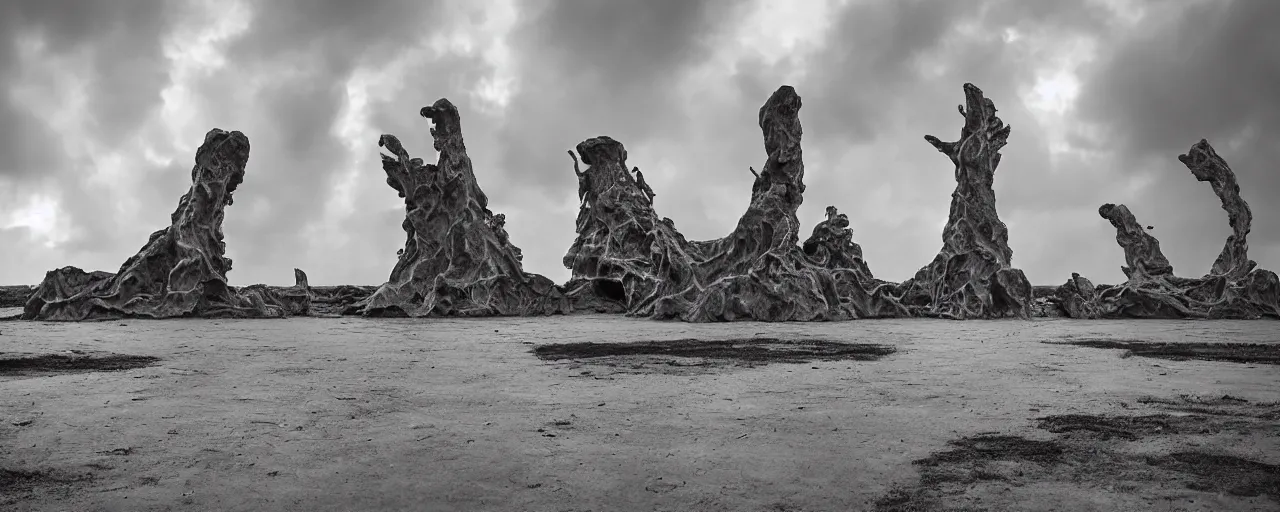 Image similar to To fathom hell or go angelic, just take a pinch of psychedelic - A colossal sculptural installation collaboration by Anthony Caro and Antony Gormley, reimagined by future artists on a distant cyberpunk water planet, a highly detailed photograph of the view under the planet's two moons' lightning