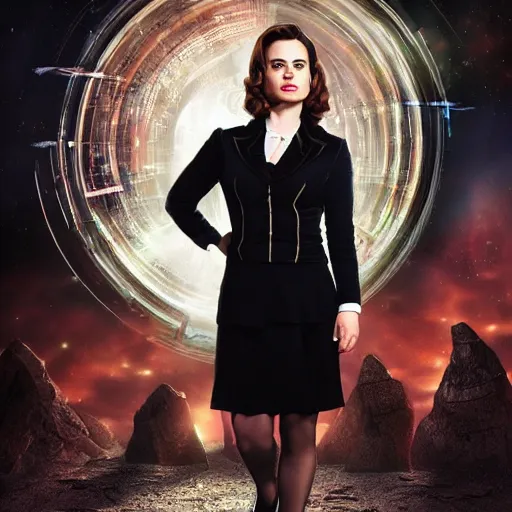 Image similar to a beautiful full body photograph of hayley atwell dressed as doctor who, time vortex in the background, detailed face, symmetrical face, extreme realism and detail, 8 k, completely framed, direct lighting, 3 5 mm photo, photorealistic, sharp focus