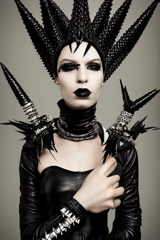 Image similar to an african woman in a black leather outfit with spikes on her head, a high fashion character portrait by christen dalsgaard, featured on behance, gothic art, androgynous, genderless, gothic