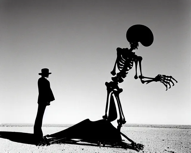 Image similar to by bruce davidson, by andrew boog faithfull redscale photography evocative. a beautiful kinetic sculpture of a skeleton creature, with a long black cape and a revolver standing in front of a desert mesa.