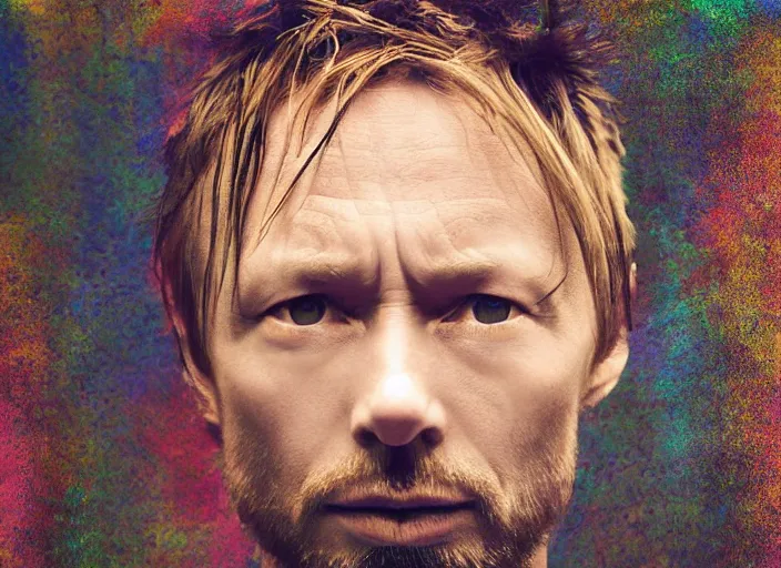 Image similar to photograph of print of thom yorke picture on a table, hyper realistic, variations of thom yorke, forest, high quality photograph, mixed styles, intricate details, diverse colors, deep emotional impact, very wide angle