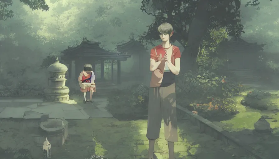 Image similar to ilya kuvshinov illustration of a boy bored in a temple garden filled with yokai and spirits, spirits in the garden, hazy and misty, magical feeling, uhd, high detail, by ilya kuvshinov