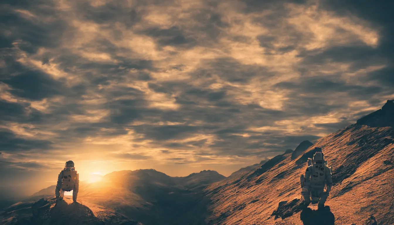 Prompt: very close shot of an astronaut sitting on a mountain alone, sunset, cinematic, epic, photorealistic, dark scene, 8k,