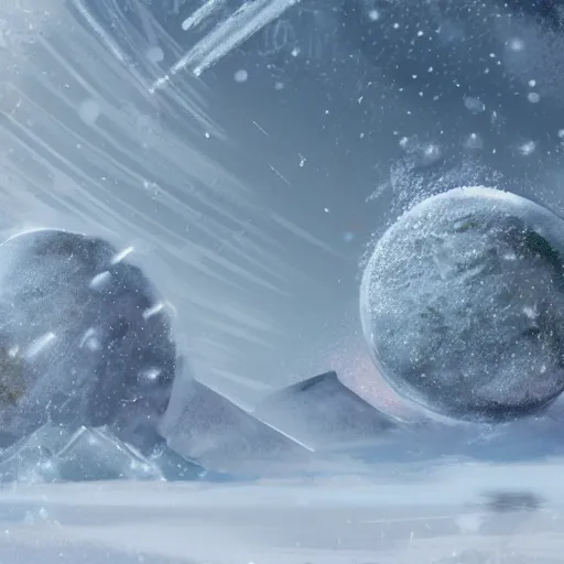 Image similar to concept art of a snow covered planet, snowstorm, ice, ice spikes, planet, space, concept art