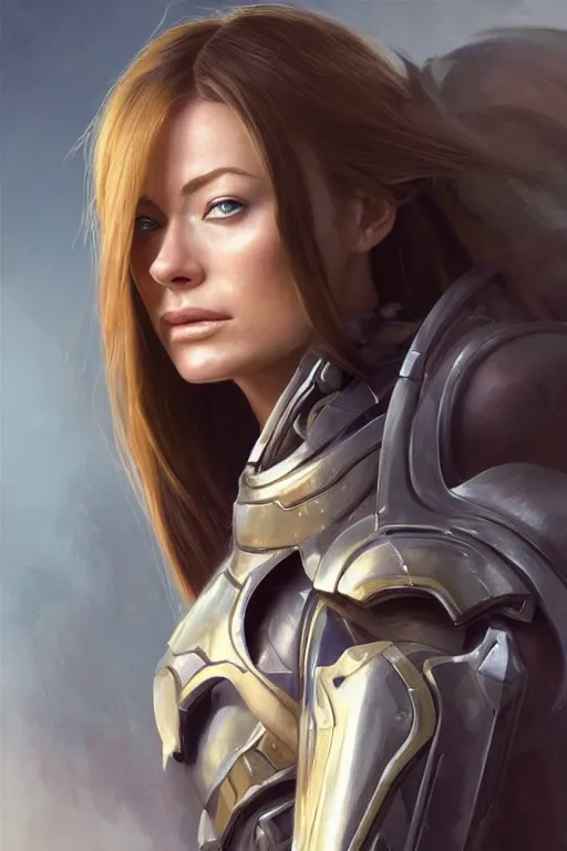 Image similar to a professional painting of a young Olivia Wilde, clothes in military armor, olive skin, long dark hair, beautiful bone structure, symmetrical facial features, intricate, elegant, digital painting, concept art, smooth, sharp focus, illustration, from StarCraft by Ruan Jia and Mandy Jurgens and Artgerm and William-Adolphe Bouguerea