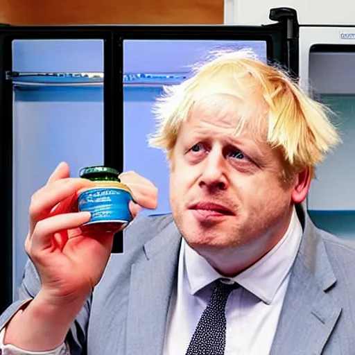 Prompt: boris johnson sat in a fridge eating jam with his fingers
