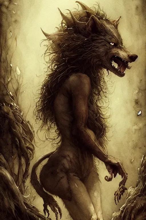 Prompt: werewolf and a witch | esoteric symbolism | jean - baptiste monge, esao andrews, bastien lecouffe - deharme, tim jacobus, ken currie | ultra - detailed realism, soft cinematic lighting, hi - fructose, artstation, high - quality, ink watercolors wes anderson poster art