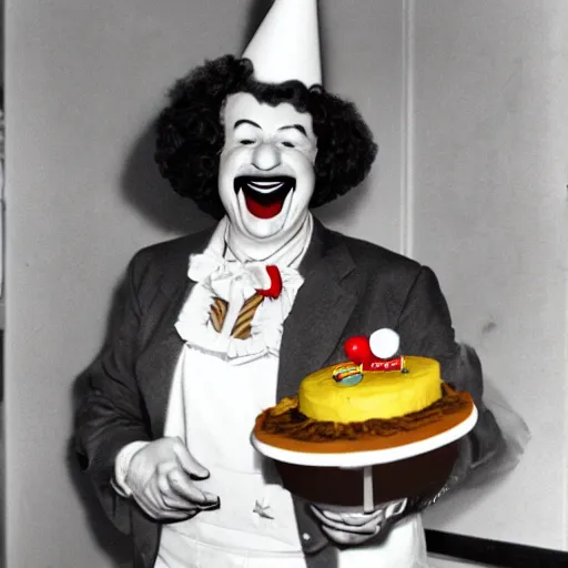 Prompt: Ronald Mcdonald with a birthday cake