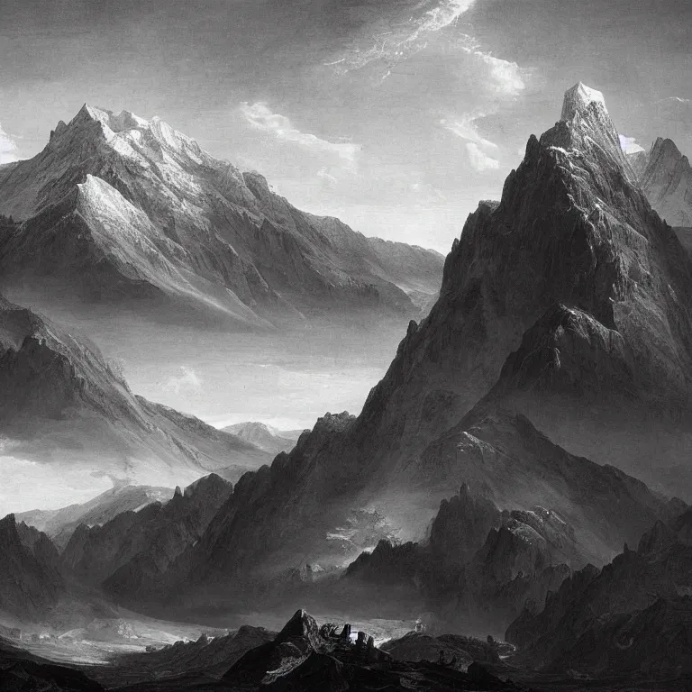 Prompt: huge mountain ascending into the sky tall mountain alps in the style of Ansel Adams, Thomas Cole and Gustave dore