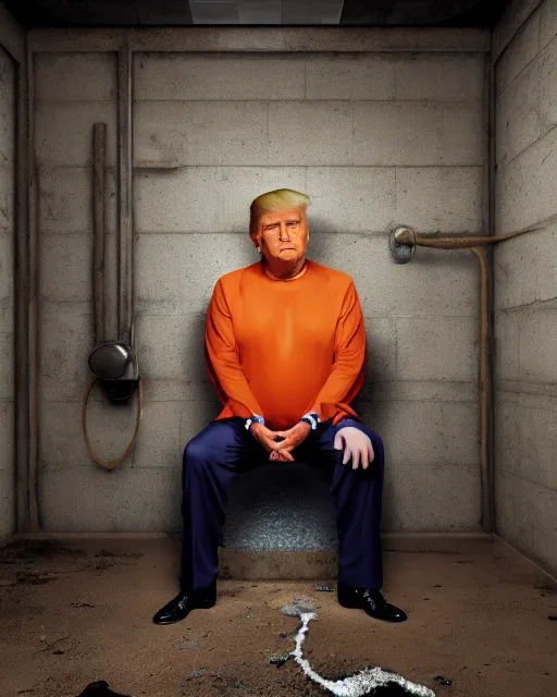 Image similar to a head and shoulders portrait of Donald trump behind bars, wearing a orange jumpsuit, sitting on a toilet in a filthy rat infested concrete jail In a maximum security prison, dimly lit, volumetric lighting, arney freytag, craig mullins and Annie Leibowitz, octane, 8k,