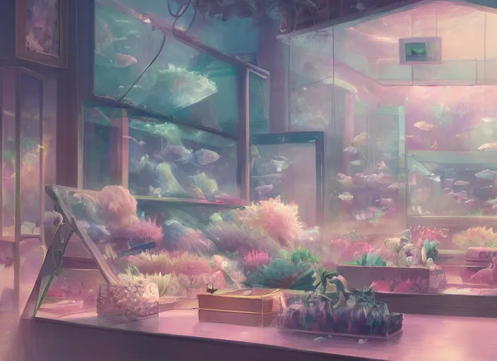 Image similar to placid pastel morning cozy moody cluttered painterly fluffy tiny cramped pet store, lots of aquariums, slanted ceiling, tiny space, particulate, trending on pixiv