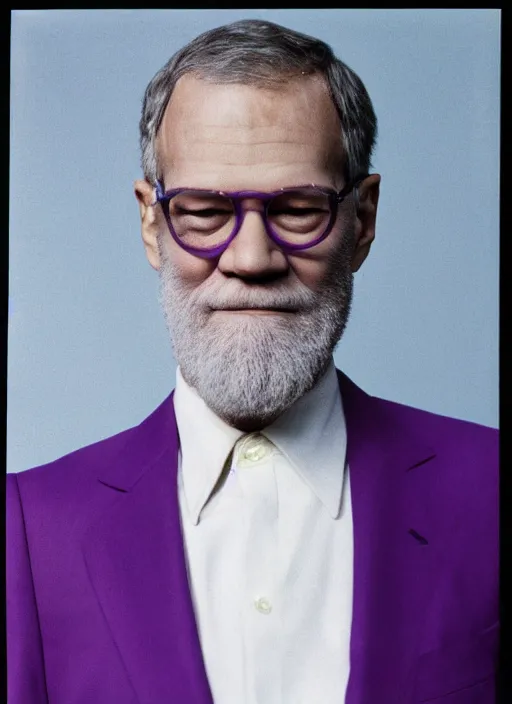 Image similar to platon closeup photograph of david letterman in a purple suit, photorealistic, studio lighting, ektachrome, detailed, intricate, face detail