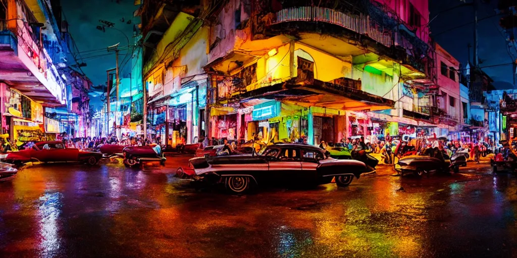Prompt: Cyberpunk Cuba street, crowd, classic cars, night, neon, rainy