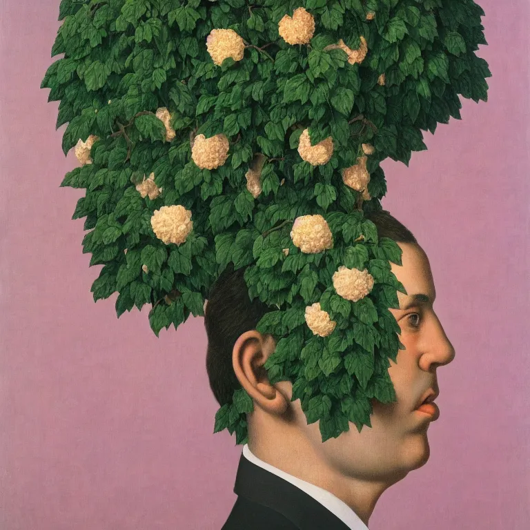 Image similar to portrait of a man, beautiful flowers are growing as his head, by rene magritte, detailed painting, hd, hq, high resolution, high detail, 4 k, 8 k